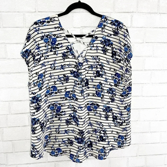Torrid Blue & White Floral Striped Strappy Back Blouse Women's Plus Size 00 - Picture 4 of 6